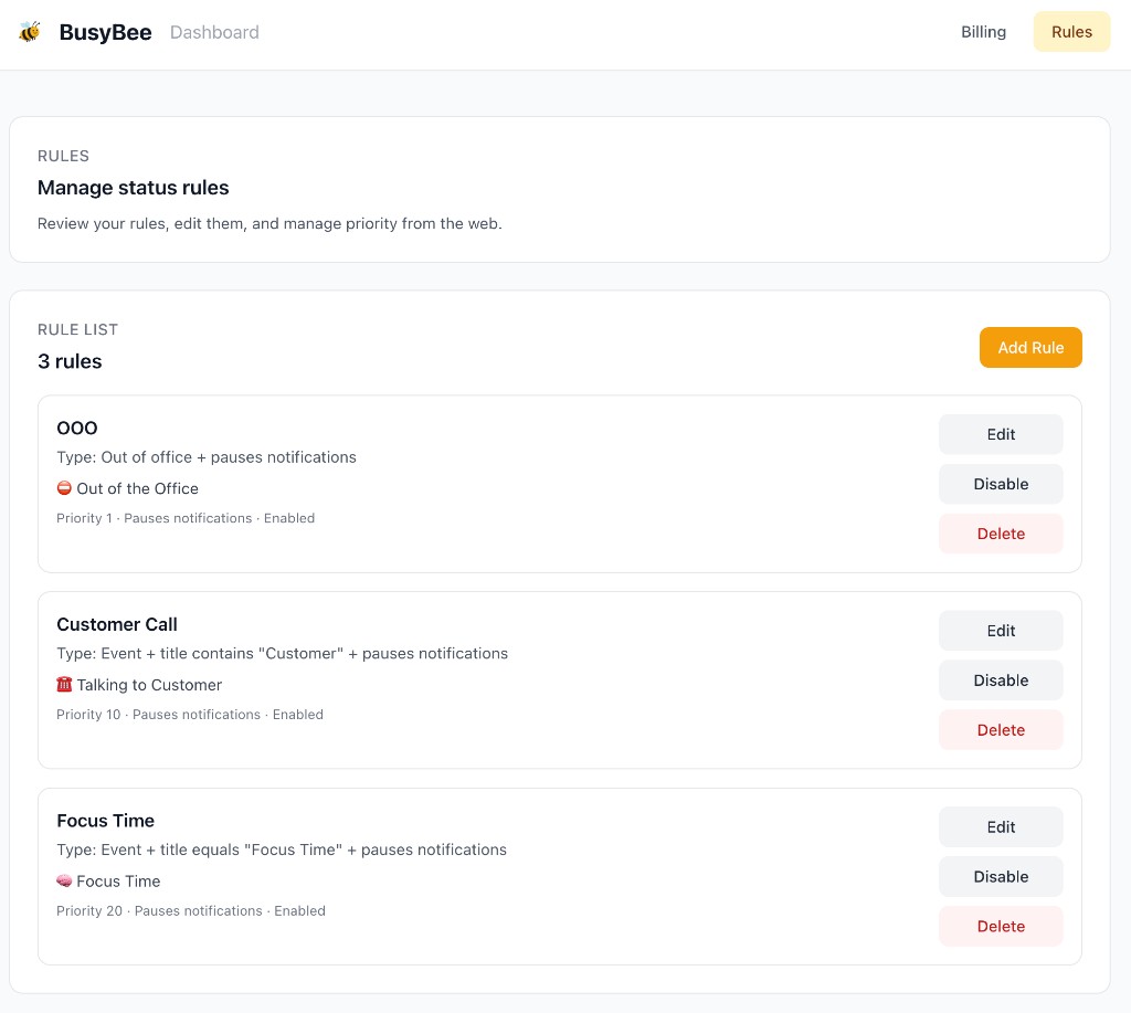BusyBee web dashboard showing rule priority and edit controls